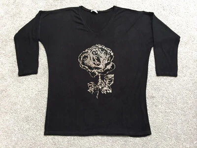 Ladies ( Green apple) Black Sequinned Flower Long Sleeve Top (  Size - Large ) - Image 1 of 2