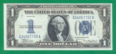 $1 1934 1 G/A BLOCK BLUE SEAL SILVER CERTIFICATE CU. PLAIN DOUBLE DATE - Image 1 of 3