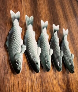 VTG Set Of 5 Piece Beautiful Blue Fish Chopstick Rest Porcelain 1960’s Japan 3” - Picture 1 of 14