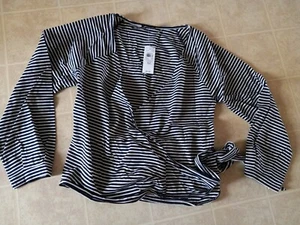 Ann Taylor Black White striped  Faux Wrap Blouse sz XS NEW - Picture 1 of 3