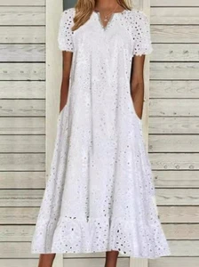 Boho Women's Beach Vacation A-line Short Sleeves Dress Lace Large Swing - Picture 1 of 6