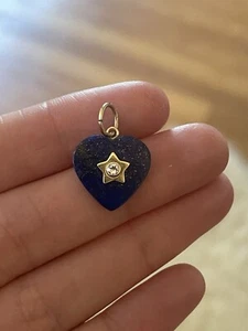 14k Yellow Gold Vintage Carved Lapis Heart Star With White Topaz Pendant - Picture 1 of 11
