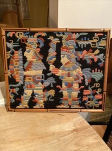 VTG MAYAN TEXTILE FRAMED ART MAYAN WARRIOR AZTEC EMBROIDERED CREWEL BAMBOO FRAME - Picture 1 of 14