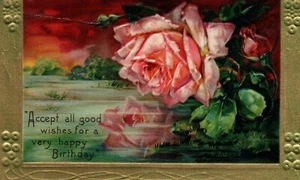 Cartolina Auguri Floreale Rosa e Rossa 1910 Rosa Lucida Buon Compleanno - Foto 1 di 2
