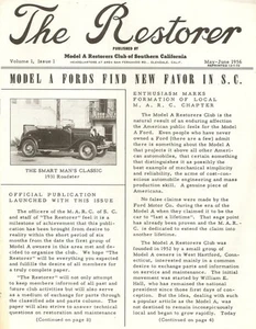 THE RESTORER - MODEL A RESTORERS CLUB SO CAL -1956 MAY/JUNE - Vol 1 No 1 REPRINT - Imagen 1 de 1