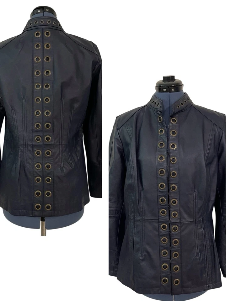 Vtg Hot in Hollywood Blue Leather Jacket Grommet Front Back Y2K Moto Grunge M - Image 1 of 4