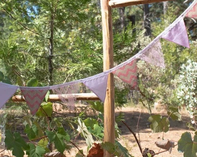 12 banderas de encaje rosa y arpillera, guirnalda de boda, decoración de fiesta de boda Foto 1 de 4