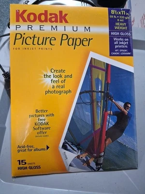 Kodak Premium Picture Paper Inkjet Photos High Gloss 15 Sheets 8 1/2 x 11- New - Image 1 of 4