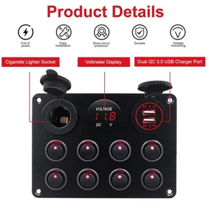 8 Gang Rocker Switch Panel 12V Red Light Control USB Cigarette for Car Boat UK - Picture 1 of 12