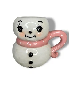 Johanna Parker Snowman Ceramic Mug White Pink Polk A Dot - Picture 1 of 8