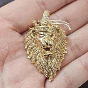 14K Yellow Gold CZ Cubic Zirconia & Ruby Lion Head Crown Pendant Charm 11.9 Gram - Picture 1 of 14