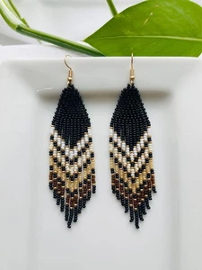 Tribal Earrings Native Large Boho American Seed Beads Handmade Earring - Picture 1 of 3