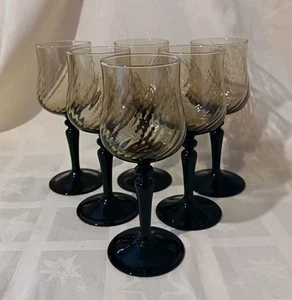 6x Vintage Luminarc Smoked Glass Swirled Wine Glasses With Black Stem France - Picture 1 of 11
