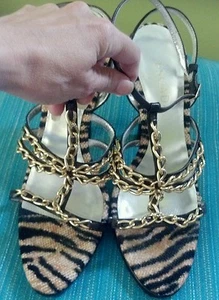 Escada heels sz 10 or 40 1/2 brown, gold chain, strappy EXCELLENT CONDITION - Picture 1 of 7