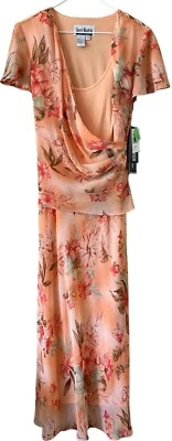 Sheri Martin NY 2 PC Front Wrap Floral Sheer Dress Lined Size 10 Coral - Image 1 of 4