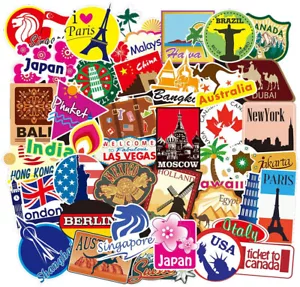 100 Luggage Suitcase Retro Vinyl Stickers Vintage City Names World Travel UK NEW - Picture 1 of 11
