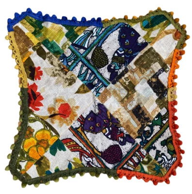 Vintage Estate Patchwork Mod Burlap Table Cloth Pom Pom Accents Handmade Topper - Image 1 of 4