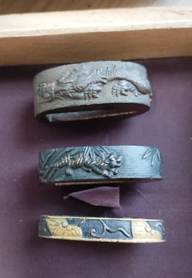 set of 3 Fuchi! Edo period Japan antique  Fuchi of sword katana tsuba　1 - Image 1 of 4