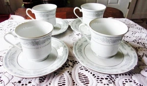 Crown Ming Fine China Diana 4 Tea Cups & Saucer Sets Pastel Floral Blue Border - Picture 1 of 5