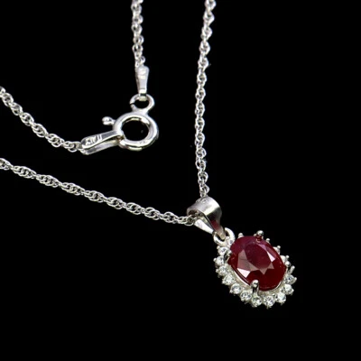 925 Sterling Silver Oval  Ruby 7x5mm Simulated Cz  Necklace 18 Ins - Image 1 of 4