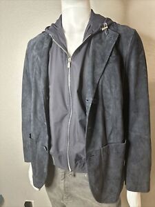 Brunello Cucinelli Leather Suede Bomber Jacket & Hooded Vest Navy Blue SZ SMALL