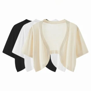 Women Short-sleeved Cropped Cardigan Thin Ice Silk Knit Shawl Shirt Blouse Chic - Picture 1 of 14