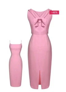 Retro Pink 2 piece Bow Pencil Wiggle Dress Spaghetti Straps Retro Stage S-M NWT - Picture 1 of 6