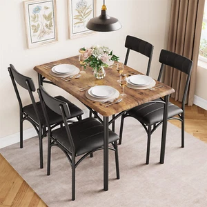 🔥Dining Table Set for 4 Kitchen Table and Chairs Metal and Wood Upholstered - Picture 1 of 8