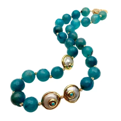 22" Faceted Blue Round Agate Cultured White Coin Pearl Necklace - Image 1 of 4