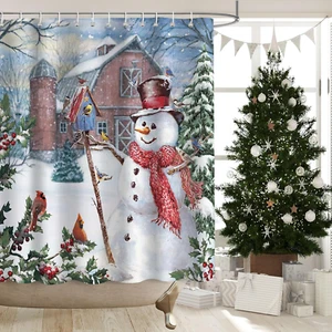 Christmas Snowman Shower Curtains for Bathroom Decor Cardinal Xmas Farmhouse Hol - Picture 1 of 12