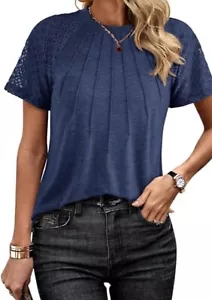 NWT KIRUNDO Navy Blue Pintuck Jersey Knit Top Blouse W/Mesh Sleeves Medium - Picture 1 of 8
