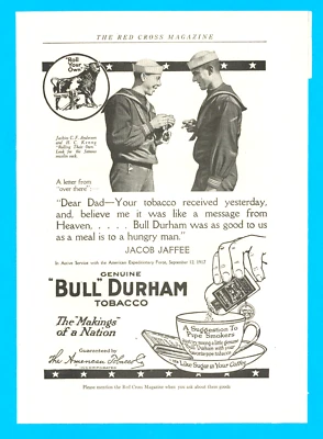 Tabaco Bull Durham 1918 cigarrillos marineros Primera Guerra Mundial La Gran Guerra anuncio impreso fumar Foto 1 de 3