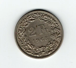 1968 HELVETIA SWISS  2 Fr. COIN - Picture 1 of 2