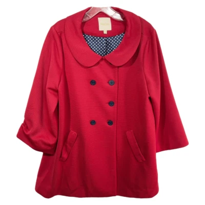 ModCloth XL Coat Red Lined Nautical Ribbed Peter Pan Collar A Line Swing 933 - Image 1 of 4