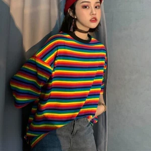 Damen Regenbogen Streifen T-Shirt locker lässig Kurzarm Oberteil Harajuku Mode Baggy - Bild 1 von 7