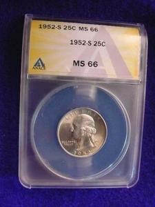1952-S WASHINGTON QUARTER ANACS CERTIFIED MS--66 COIN! #101 - Picture 1 of 6