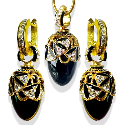 Black  Onyx 925 Silver Faberge Art Deco Egg Jewelry Set Swarovski Crystal Enamel - Image 1 of 4
