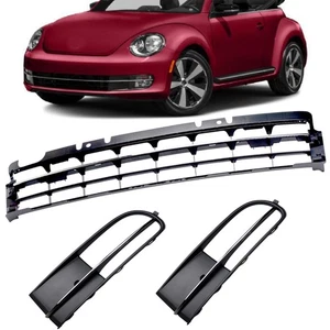 FOR 2012-2016 VW BEETLE W/CHROME FRONT GRILL BUMPER CENTER SIDE FOG LIGHT GRILLE - Picture 1 of 9