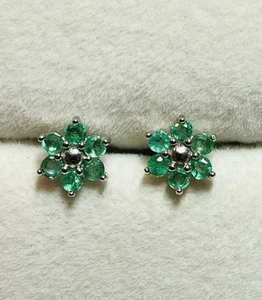 925 Sterling Silver Natural Green Emerald Cluster Stud Earrings - Picture 1 of 10