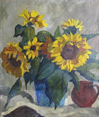Ölgemälde Lotte Winnen (1891 - ?) Sonnenblumen in blauer Vase mit Krug signiert - Bild 1 von 4