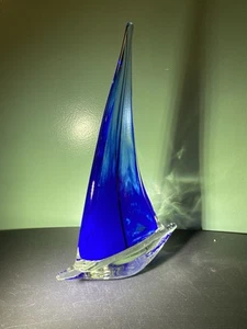 Blau klar Segelboot mundgeblasen Kunstglas 12 1/4 Zoll - Bild 1 von 5