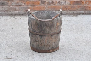 old vintage wooden rice bucket / well water/ planter / pot - FREE DELIVERY - Picture 1 of 8
