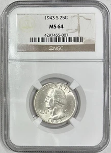 1943-S Silver Washington Quarter, NGC MS-64 - Picture 1 of 2