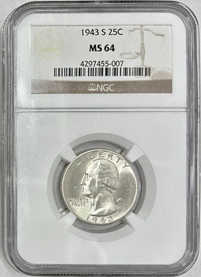 1943-S Silver Washington Quarter, NGC MS-64 - Image 1 of 2