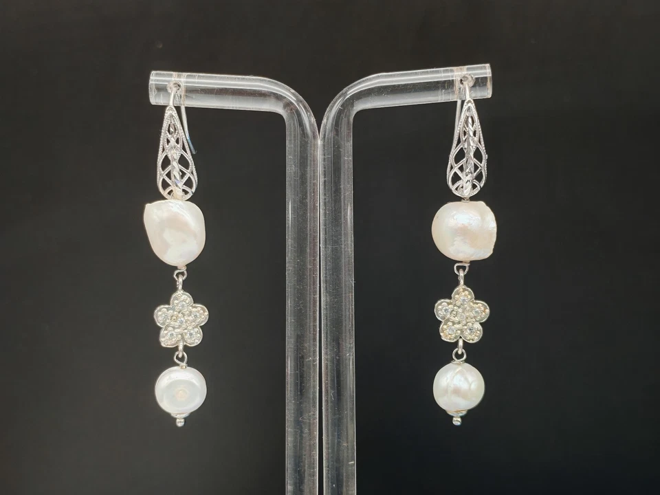 orecchini donna pendenti perla barocca argento 925 quadrifoglio made in Italy - Immagine 1 di 4