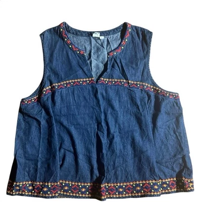 Camisa Boho Occidental Gap XL Denim Sin Mangas Cuello en V Suelta Bordada Completa  Foto 1 de 4