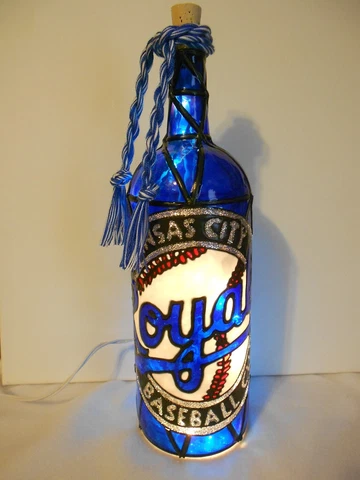 Kansas City Royals inspired Wine Bottle Lamp Handpainted Stained Glass look Cover
