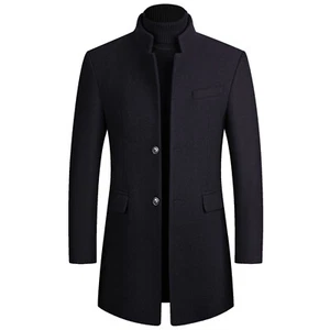 Mens Wool Blend Pea Coat Button Down Single Breasted Notch Collar Trench Coats - Picture 1 of 18