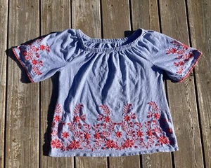 Talbots Shirt Womens Medium Blue Red Embroidery Short Sleeve Cotton Top - Picture 1 of 6