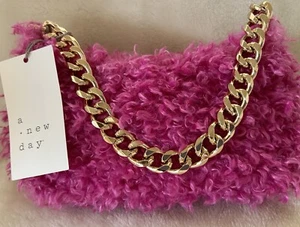 A New Day Small Handbag SoftPink Poodle Look Material Gold Chain Gold Zipper NWT - Picture 1 of 6